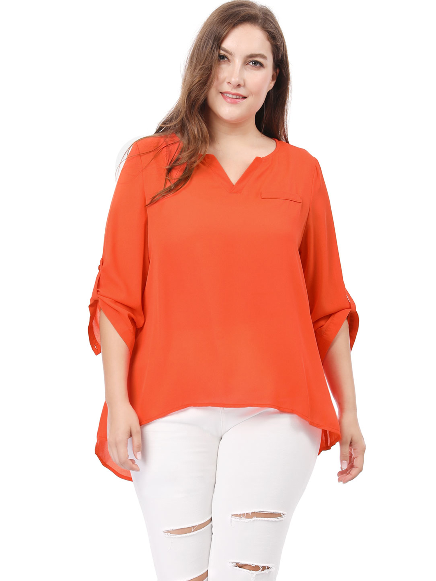 GRACE & GRANDEUR Women's Plus Size 3/4 Sleeves Split V Neck Blouse Tops