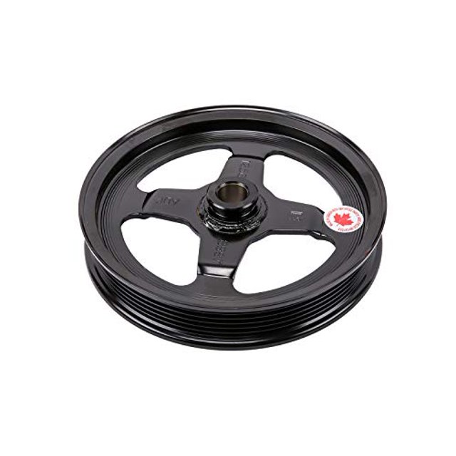 GM Genuine Parts 12568997 Power Steering Pump Pulley, a black circular specialty automotive part designed for GM vehicles. Features a grooved outer edge and a central hub for precise fit and ease of installation. Suitable for vehicle-specific applications.