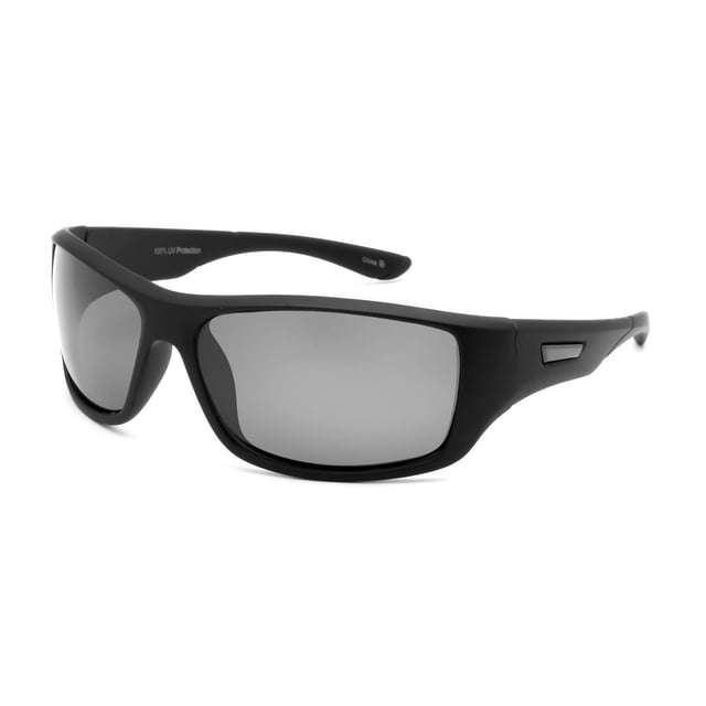 Athletic Works Polarized Black Rectangular Sport Sunglasses with a matte black semi-rimless frame and polarized smoke lenses, featuring anti-slip rubber on the nose bridge and temples for secure fit and 100% UVA and UVB protection, suitable for outdoor sports and hunting.