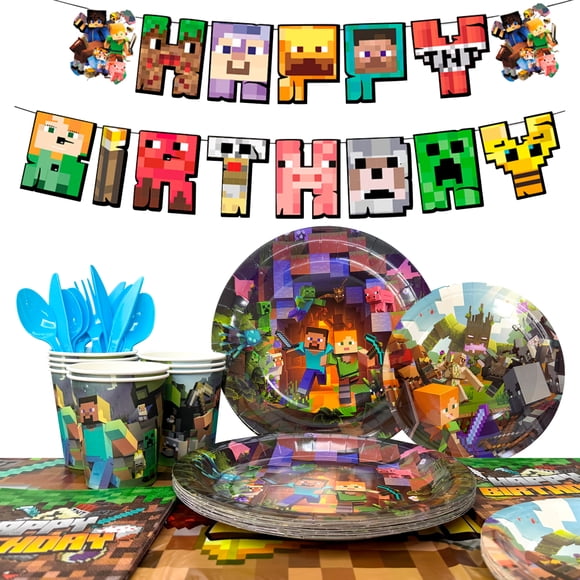Ensemble de Vaisselle de Décoration de Fête d'Anniversaire Pixel Game, 114 Pcs Fournitures de Fête Minecraft Vaisselle - Nappe Bannière Assiettes Serviettes Gobelets Minecraft, Convient aux Décorations de Fête d'Anniversaire Minecraft