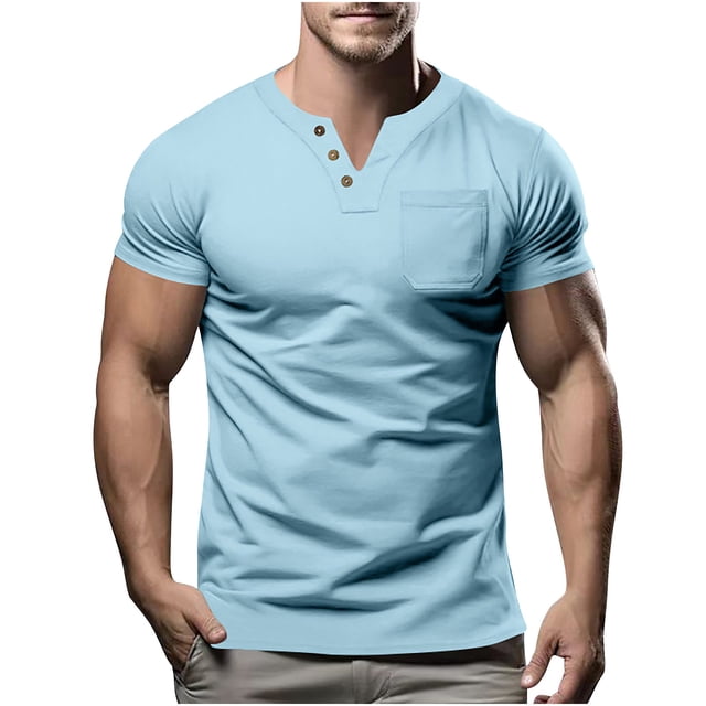 Birdeem Shirts for Men Mens Fashion Casual Solid Color Button Short Sleeve V-Neck Blouses Shirts
