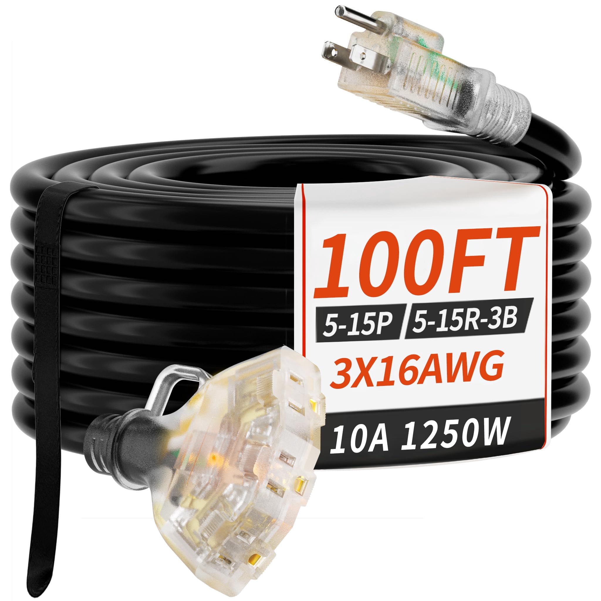 PlugSaf 100 FT 16/3 Gauge Outdoor Extension Cord with Multiple Outlets Light Indicator, Flexible 3 Outlet Weatherproof Extension Cord Waterproof Blac