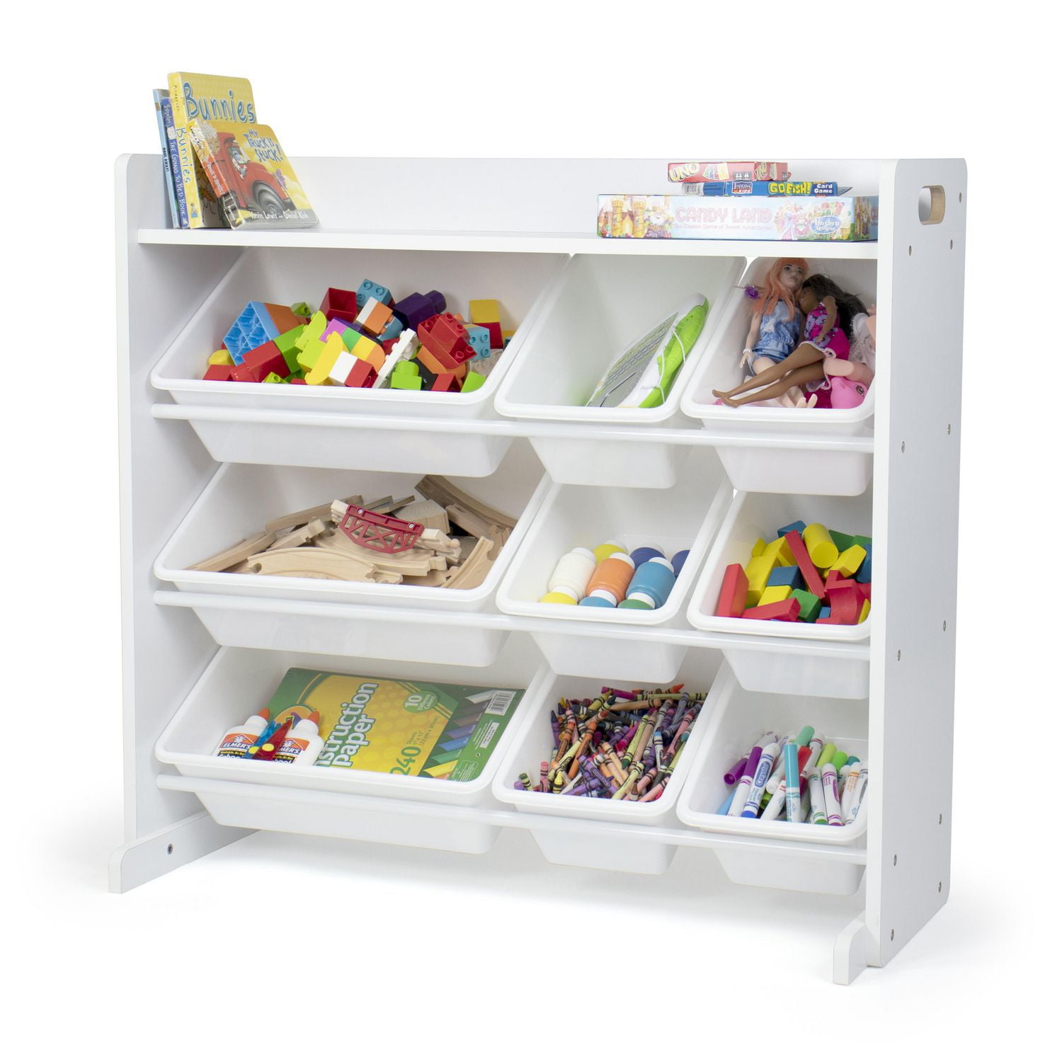 Système de rangement pour jouets avec tablette et 9 bacs de rangement, blanc