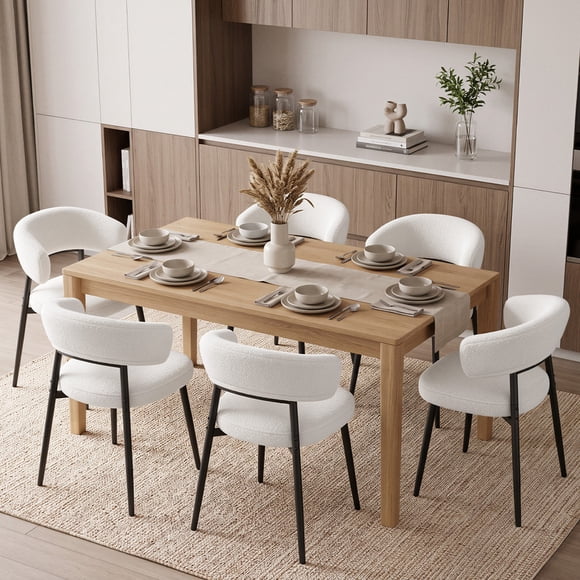 Hawsaiy Dining Chairs Set of 6, Mid Century Modern Boucle Upholstered Dining Chairs with Curved Backrest, Kitchen Dining Room Chairs with Black Metal Legs,white