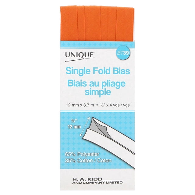 UNIQUE Single-Fold Bias Tape in bright orange, 12 mm wide and 3.7 m long, made of 65% polyester and 35% cotton, narrow binding cut on the bias for flexibility, ideal for finishing hems and small quilting projects.