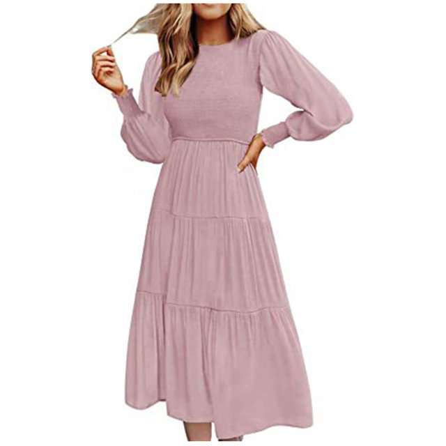 Pisexur Robe à Manches Longues à Col en V Femme Hiver Mode Manches Longues Col Rond Robe Longue Unie Caractéristiques Robe Femme