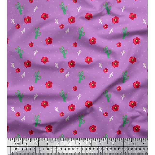 Soimoi Japan Crepe Satin Fabric Triangle,Floral & Cactus Tree Decor Fabric Printed Yard 42 Inch Wide