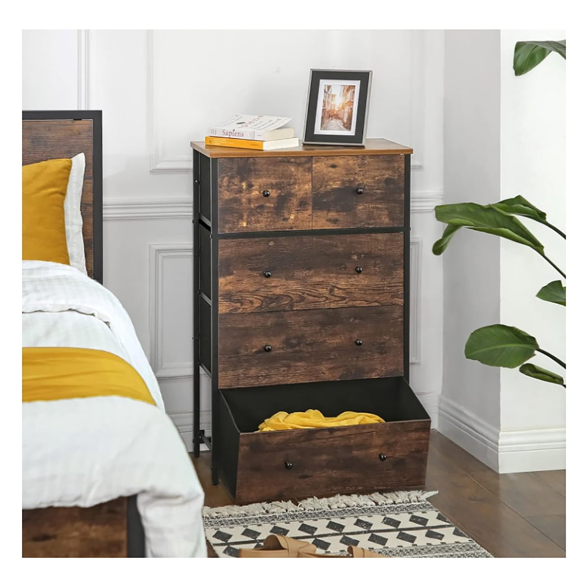 Drawer Dresser, Storage Dresser Tower with 5 Fabric Drawers, Dresser Unit, for Hallway, Bedroom, Rustic Brown and Classic Black
