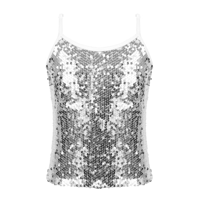 Rswnyirn Kids Girls Shiny Sequins Tank Top Hip Hop Modern Latin Dance Stage Performance Crop Top White 16