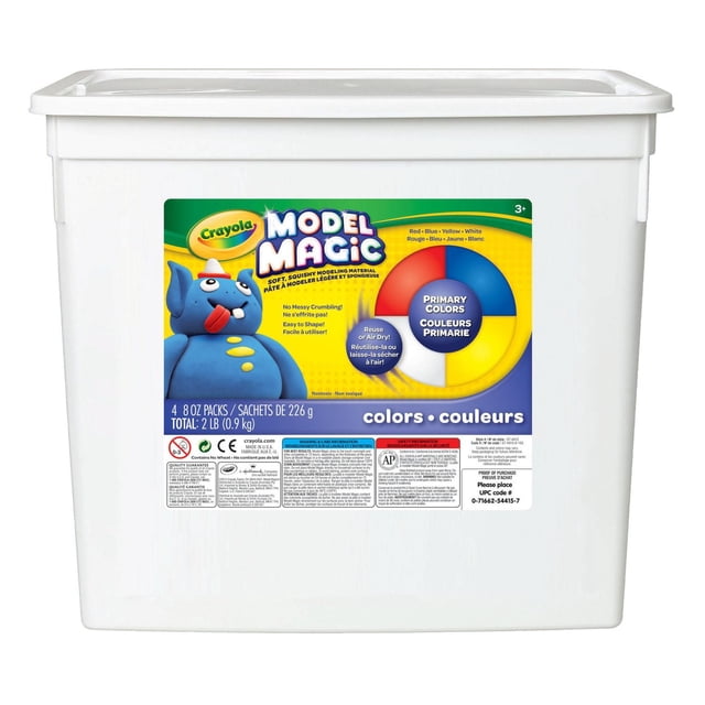 Crayola Model Magic Contenant de Rangement Refermable de 2 Lb avec Quatre Sachets de 8 Onces d'Argile Douce, Non Toxique et à Séchage à l'Air en Couleurs Primaires Rouge, Bleu, Jaune et Blanc, Idéal pour la Sculpture et les Projets d'Art Créatif, avec un Personnage en Argile Bleue sur l'Étiquette.