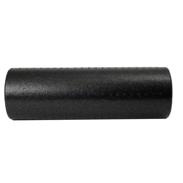 GoZone 18” High-Density Foam Roller – Black centered view of an 18" black extrafirm cylindrical foam roller with visible closed-cell texture. High-density foam surface and compact silhouette designed for self-massage, muscle recovery and warm-up using bodyweight; suitable as a balance or Pilates prop.