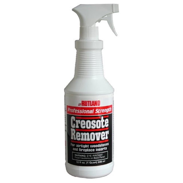 Rutland Éliminateur de Créosote Liquide, 32 Fl Oz, dans une Bouteille Vaporisateur Blanche avec une Étiquette Rouge et Noire. l'Étiquette Met en Valeur « Professional Strength » et Précise Son Utilisation pour les Poêles à Bois et les inserts de Foyer Hermétiques. la Bouteille Comprend une Buse de Vaporisateur à Gâchette pour une application Facile.