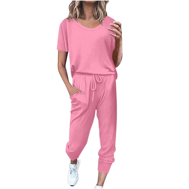 Yuyuzo Womens Workout Sets 2 Piece Short Sleeve Crew Neck T-Shirts Drawstring Jogger Pants with Pockets