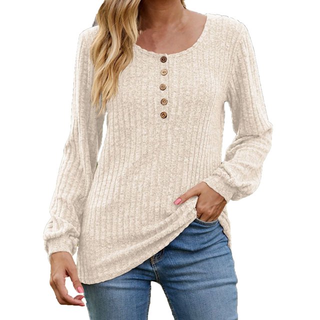 CEHVOM Women's Round Neck Stripe Matte Solid Color Button Splicing Long Sleeved T-shirt Top Clearance