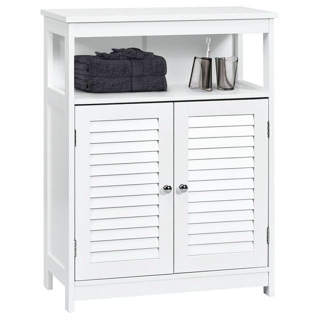 Costway Armoire de Rangement en Bois pour Salle de Bain avec Double Porte à Persiennes en Blanc, Comprenant une Tablette Ouverte et une Armoire à Double Porte avec Panneaux de Style Persiennes. Fabriquée en Matériau P2 MDF durable, Elle Comprend des Tablettes Intérieures Ajustables pour un Rangement Polyvalent. l'Armoire Dispose de Boutons Métalliques Lisses pour un Accès Facile et d'Un Dispositif Anti-Basculement pour la Stabilité. Convient aux Salles de Bain, Salons, Chambres Ou Couloirs.