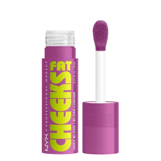 NYX Professional Makeup Fat Cheeks Liquide Blush en tube Violet avec Texte Jaune, avec un Applicateur Blanc à Embout Éponge Violet, Conçu pour une Couleur de Joues Juteuse, Rosée et Hydratée avec une Formule Liquide Modulable.