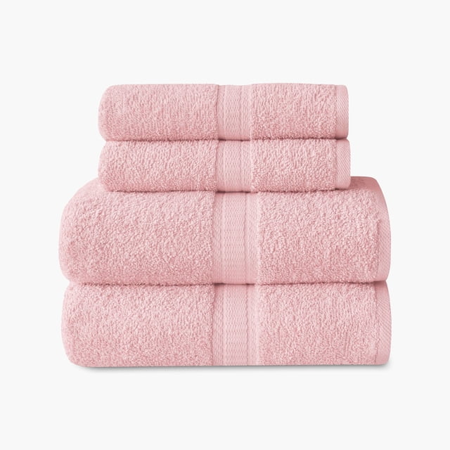 Mainstays Basics 4pk Towel Set in pink with two bath towels and two hand towels stacked. Made from 100% cotton, these soft, absorbent towels have a textured band and are machine washable and quick drying, ideal for everyday bathroom or guest use.