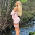 thumbnail image 4 of Loose See-Through Dress Bat Sleeve Off-the-Shoulder Long Sleeve Mini Ruffle Oversized Casual Street Dress Pink S, 4 of 10