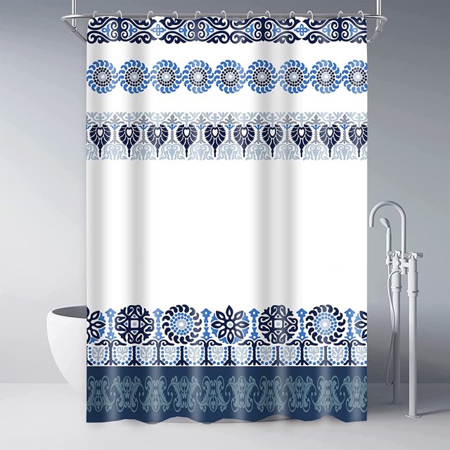Rideau de Douche Tribal de Ferme Extra Long 72"x84 Pouces Bleu et Blanc avec Crochets en Plastique, Lavable à la Machine, Imperméable, Tissu Polyester, Rideau de Salle de Bain Moderne Boho pour Déco de Salle de Bain