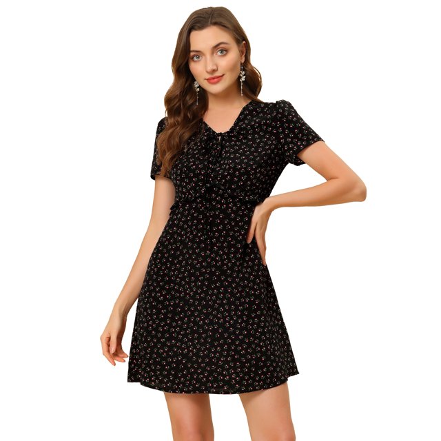 INSPIRE CHIC Robe Trapèze à Fleurs pour Femme, Col en V à Nouer, Manches Courtes, Volants