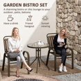 thumbnail image 3 of 3-Piece Patio Bistro Set, 2 Stackable Wood Grain Armchairs and Water-Ripple Tempered Glass Table, Weather-Resistant Steel Frame Furniture for Garden, Balcony, Dark Brown, 3 of 7
