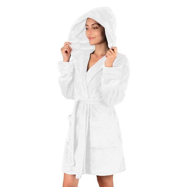 EQWLJWE Fleece Spa Robes for Women Plus Hooded Fleece Robe in white, designed for plus-size women. Features include a soft plush texture, long sleeves, V-neck design, hood, sash tie at the waist, and two front pockets. Perfect for loungewear, spa use, or casual home comfort.