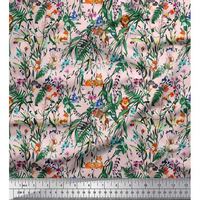 Soimoi Polyester Crepe Fabric Leaves & Cartoon Animals Jungle Decor Fabric Printed Yard 42 Inch Wide