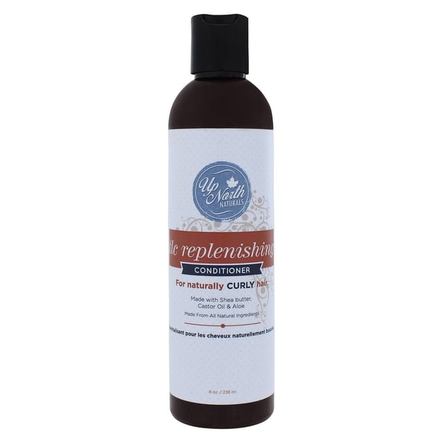 Up North Naturals TLC Replenishing Conditioner in an 8 oz dark brown bottle with black flip cap and white label, formulated with shea butter, castor oil, and aloe to moisturize and soften naturally curly hair, suitable for co-washing or deep conditioning.