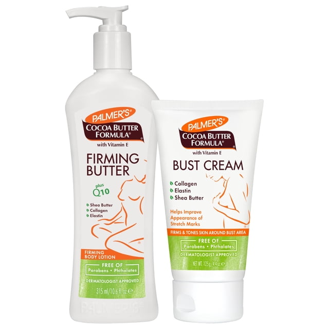 Palmer's Firming Butter & Bust Cream bundle, pack of 2, featuring a 315ml pump bottle of Firming Butter and a 125g tube of Bust Cream. Both products are enriched with cocoa butter, vitamin E, collagen, elastin, and shea butter, designed to improve skin elasticity and reduce the appearance of stretch marks. Dermatologist-approved and free of parabens and phthalates.