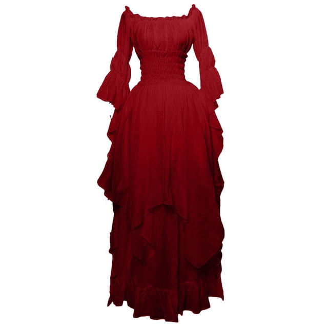 Yourumao Gothic Dresses for Women Renaissance Retro Solid Dress Plus Size Off Shoulder Maxi Dress Flared Sleeve Cosplay Costume Fall Winter Medieval Court Dress