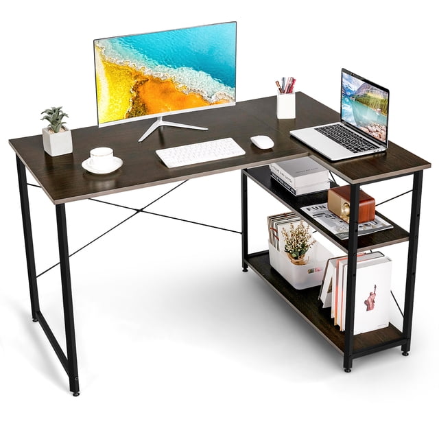 Costway Bureau d'Ordinateur en L Réversible de 48 Pouces pour Bureau à Domicile avec Tablette Réglable Brun