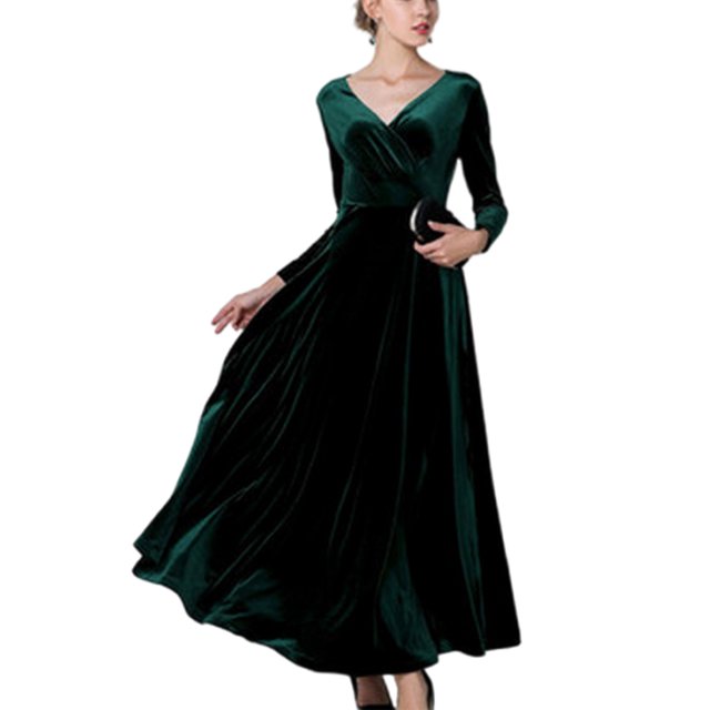 Innerwin Robe Ligne A Couleur Unie Femmes Robes Maxi Vacances Manches Longues Ample Vert Noirâtre 3TG
