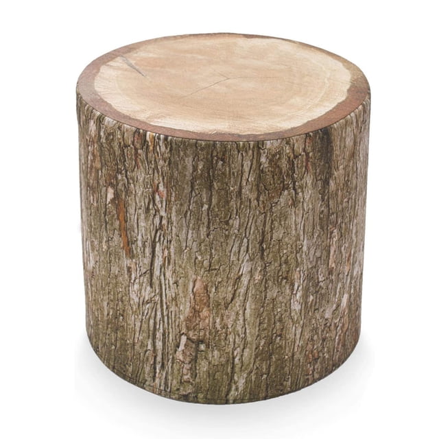 Delsit Lightweight Woody Tree Trunk Looking Outdoor Indoor Pouffe Ottoman designed to resemble a realistic wooden tree stump. This multicolour pouffe features a bark-like texture and a flat, wood-grain top. Made with a solid styrofoam core surrounded by high-density soft foam, it is lightweight, durable, and waterproof, suitable for indoor or outdoor use. The removable polyester cover is machine washable for easy maintenance. Measuring 17 x 17 x 17 inches, it is ideal for use as a footrest, fire pit seating, or treehouse decor.