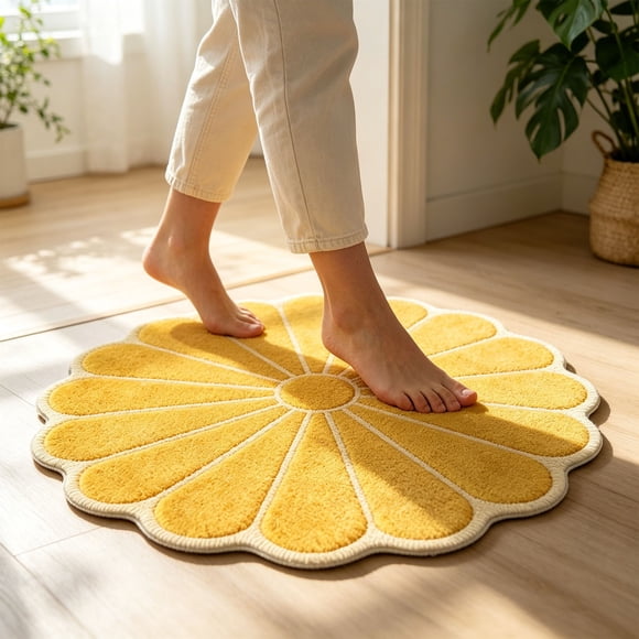 Flower Shape Bathroom Floor Mat, Staron Soft Absorbent Antiskid Bath Rug 23.62x23.62 Inch, Decorative Waterproof Comfortable Mat for Bathroom Door Home Floor Protection, Yellow
