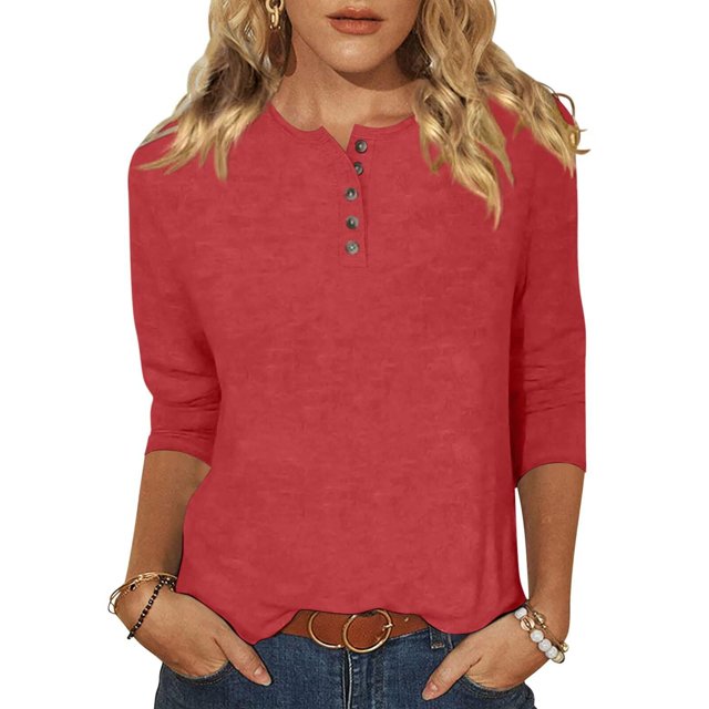 Yuyuzo Womens 3/4 Sleeve Tops Basic Button Crew Neck Solid Color Loose Fitted Tunics Tee Blouses
