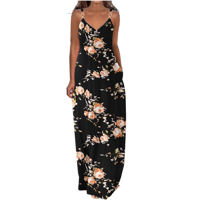 CEHVOM Robes d'Été pour Femmes Décontractées Boho Imprimées à Bretelles Anneau Plage Longue Robe Maxi avec Poches