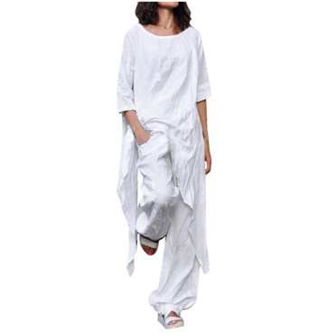 TJAZFJPA Outfits That Hide Belly Fat for Women Women's Solid Color Casual Loose Fitting Top with Asymmetric Hem Round Neck 3/4 Sleeves Cotton Linen Blouse Set