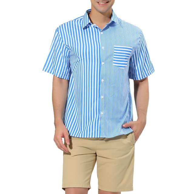 INSPIRE CHIC Men's Shirts Short Sleeve Summer Cotton Patchwork Button Down Shirts S Blue White