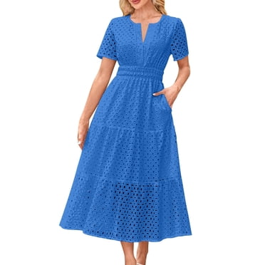 biudgviw Maxi Dresses for Women Summer Short Sleeve V Neck Eyelet Hollow out Tiered A-Line Dress Flowy Beach Vacation Dress