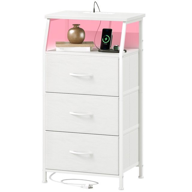 Eunos Petite Table de Chevet avec Poste de Recharge et DEL pour Chambre, Commode à 3 Tiroirs Blanche avec Étagères de Rangement