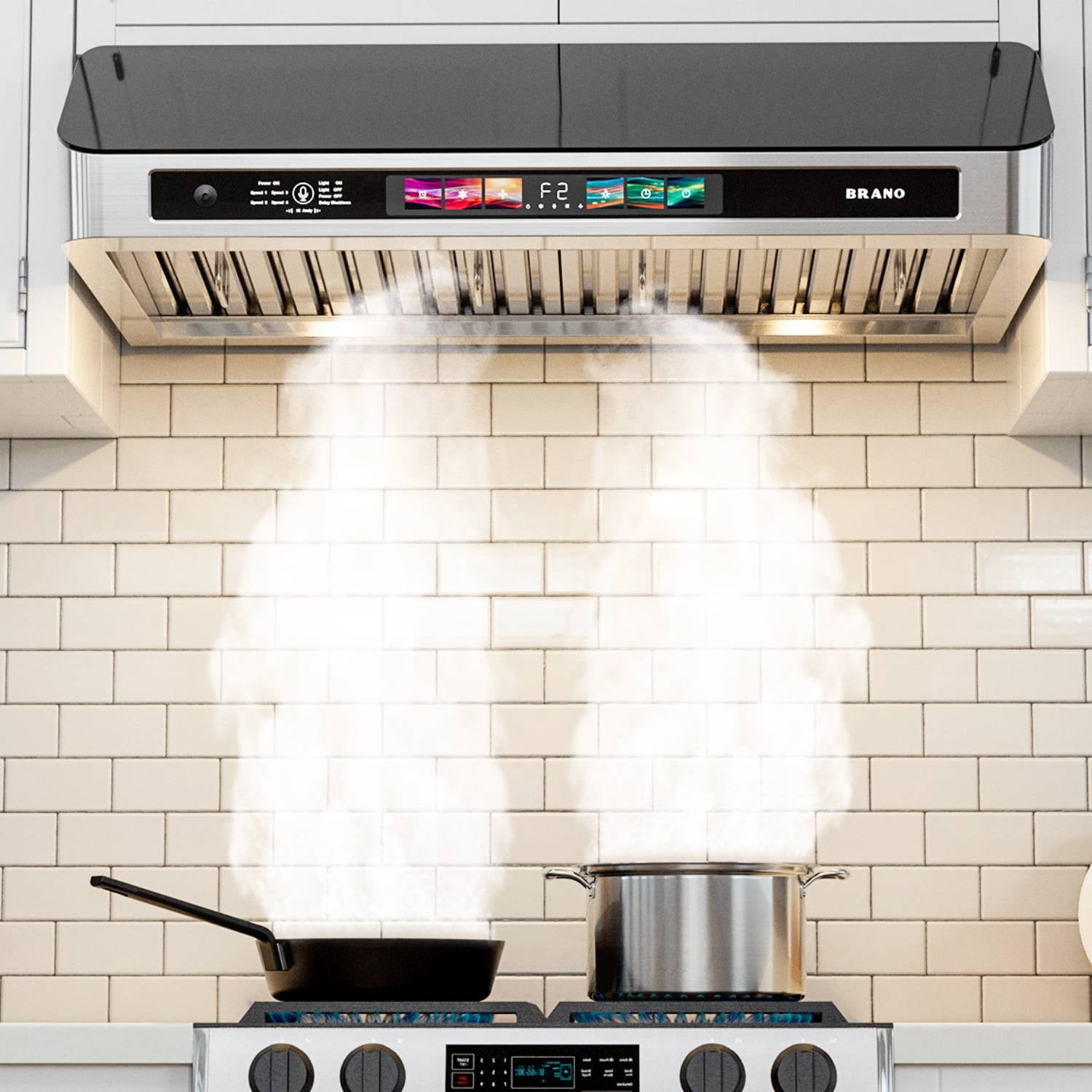 BRANO Under Cabinet Range Hood with Voice/Gesture/Touch Control, 900 CFM Stainless Steel Ducted Kitchen Vent Hood 36 INCH