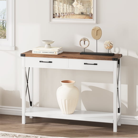 BeesClover Table Console Rustique avec Tiroirs, Table Console Étroite avec Rangement pour Vestibule, Mobilier de Sofa Industriel, Support Mince de Style Ferme pour Entrée et Couloir avec Tablette Ouverte