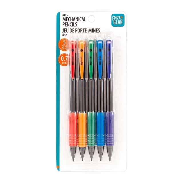 Pen+Gear No. 2 Mechanical Pencils, 0.7 mm, 5 Pack includes five refillable mechanical pencils with soft rubber grips in red, orange, green, blue, and purple, ideal for school, work, and creative crafts with smooth, consistent writing.