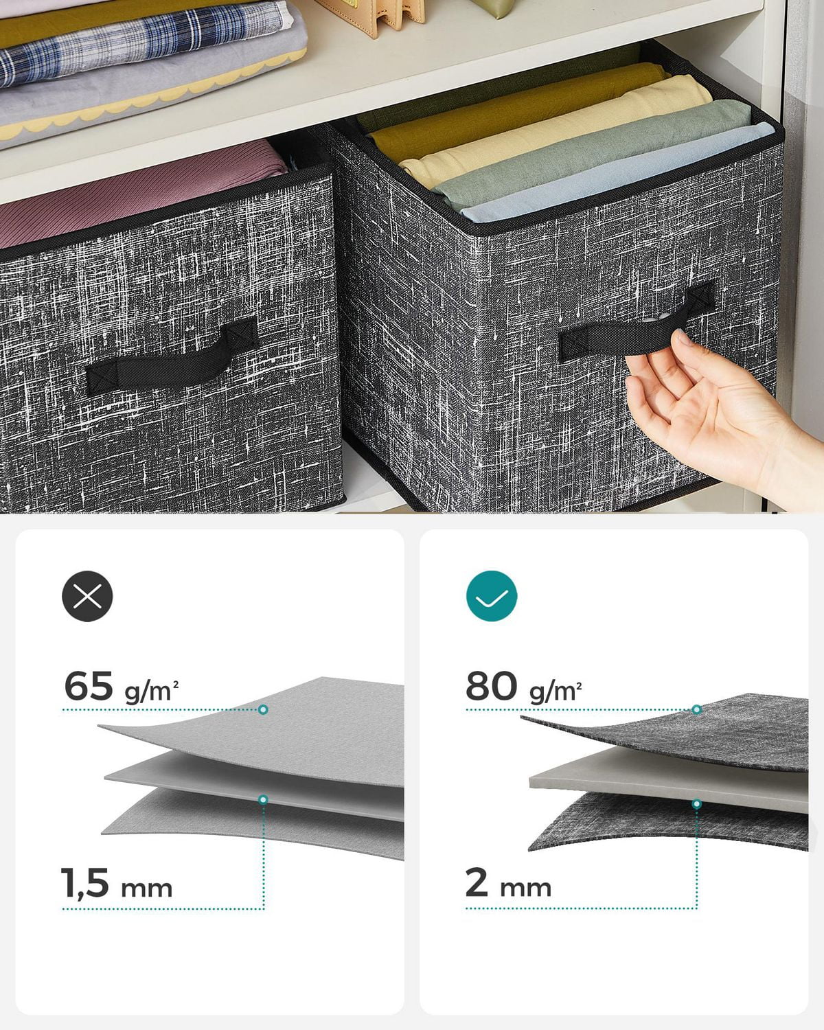Songmics Home - Lot de 6 cubes de rangement de 11" - Bacs de rangement pliables en tissu avec poignées, noir classique