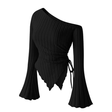JGGSPWM Haut Court Y2K à Manches Longues pour Femme, Tendance, Épaules Dégagées, Asymétrique, Ajusté, T-Shirt en Tricot, Hauts pour Sortir, Noir, M