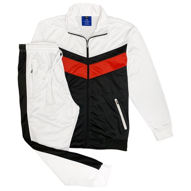 Men's Flex-It Activewear Jogger Track Jacket & Track Pants Jogging Suit by Royal Threads, a men's tracksuit set with a three-tone color block design in white, black, and red. Made from lightweight trinda material, it provides warmth and comfort for everyday activities. The full zip-up jacket features zippered side pockets and a stand collar, while the jogger-style track pants include trimmed bottoms and an elastic waistband, suitable for casual or formal wear.