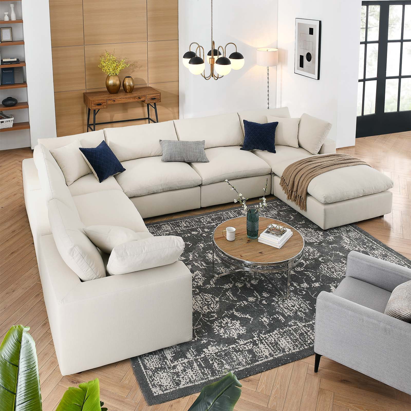Modway Commix 7-Piece Down Filled Overstuffed Sectional Sofa in Light Beige
