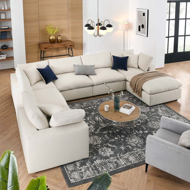 Modway Commix 7-Piece Down Filled Overstuffed Sectional Sofa in Light Beige