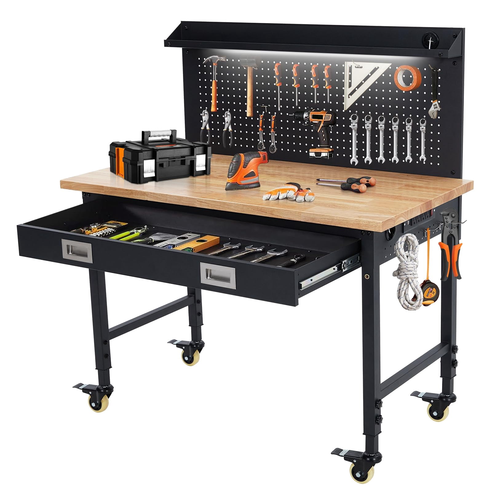2025 New Adjustable Workbench for Garage, 48" x 24" Workbench, 2000 Lbs Capacity, Rubber Wood Workstation w/ 4 Rolling Casters, Heavy Duty Work Table with 2 USB & 4 AC Outlets