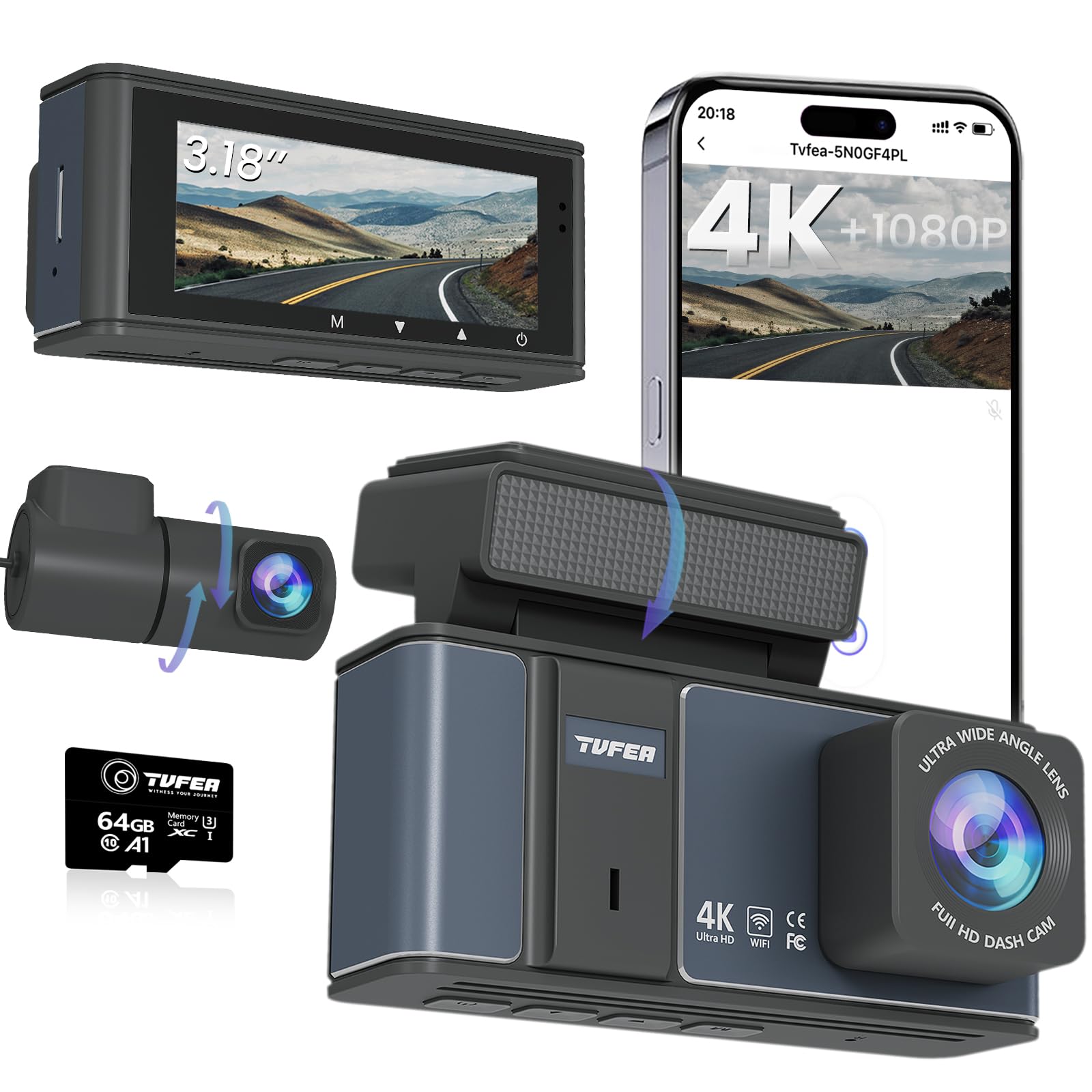 Dashcam Front and Rear Camera,TVFEA Dash cam 4K,Dual Dash Camera for Cars with Wi-Fi,3.18" LCD Screen,64GB Card,APP Control,Night Vision,WDR,Metal Sh